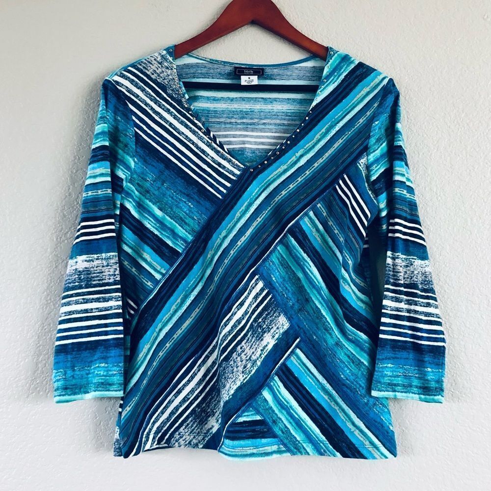 Lark Lane Blue Green Teal Diagonal Stripe Top S